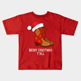 Merry Christmas Y'all Red Western Cowboy Boots Kids T-Shirt